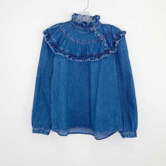 Seventy + Mochi Victoria Denim Blouse (Sz 8) Frill Collar Washed Indigo - Picture 3 of 11